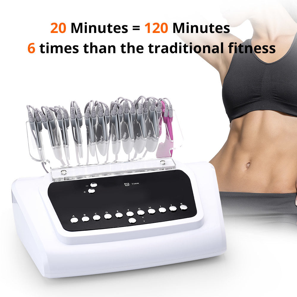 EMS Muscle Stimulator Electrostimulation Machine designed for body slimming and breast lifting, featuring various accessories for effective use.